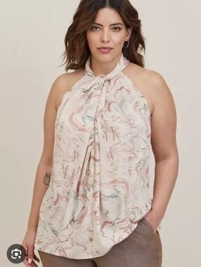 Torrid Sz 2 Marble Print Halter Neck Blouse in Cream & Rust